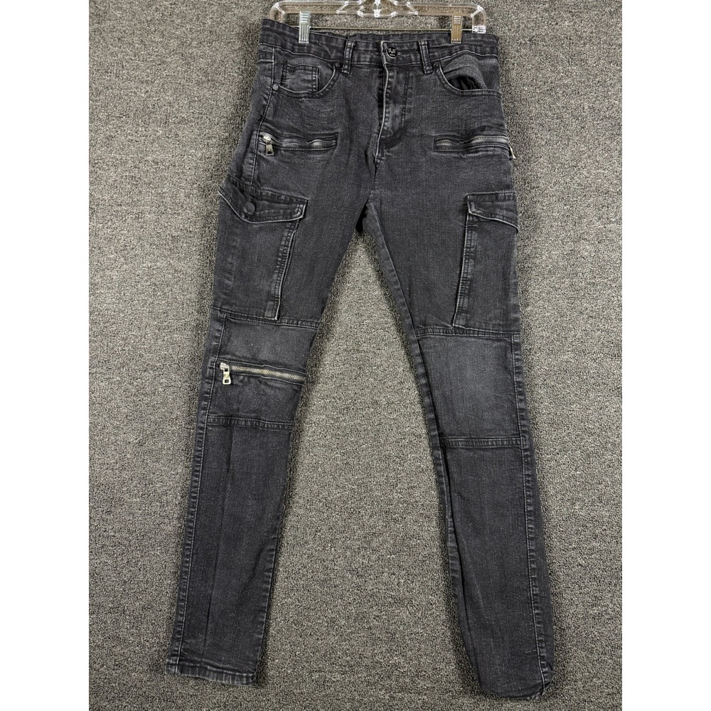 V19-69 Italia Mens Cargo Moto Jeans Black Slim Fit Zipper Details 30x31